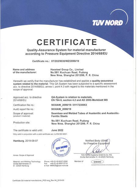 Chine Shanghai Haosteel Co., Limited certifications